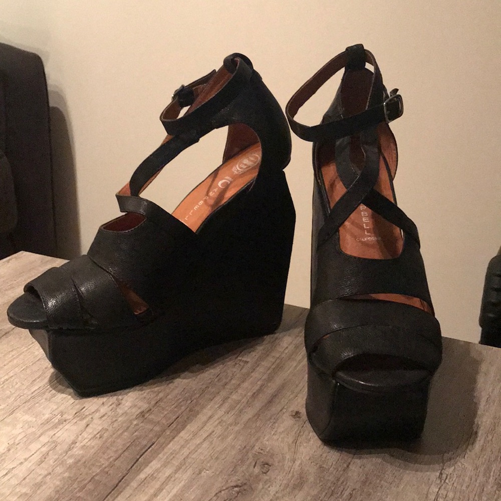 Jeffrey Campbell black block wedge strappy heels
